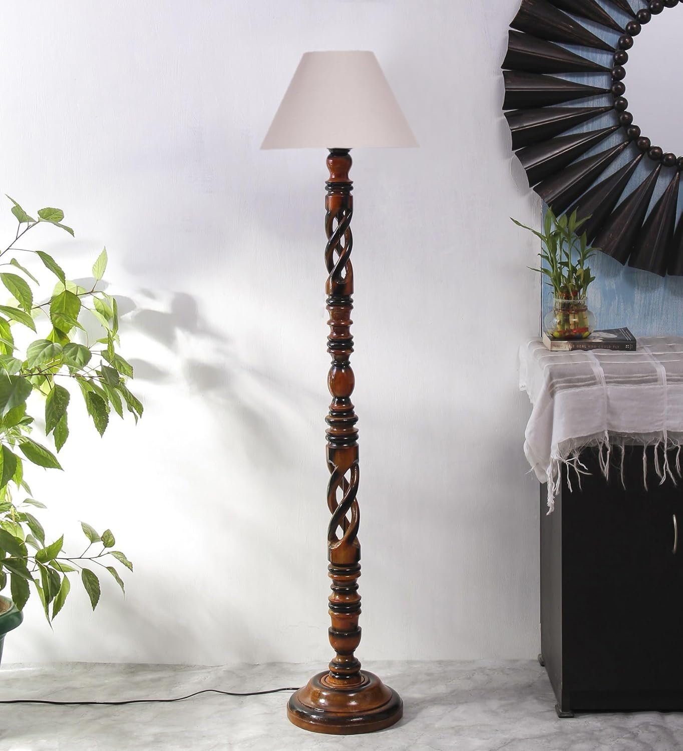 Grey Cotton Conical Wooden Floor Lamp -25-(14x55.75inches) -Open Snake