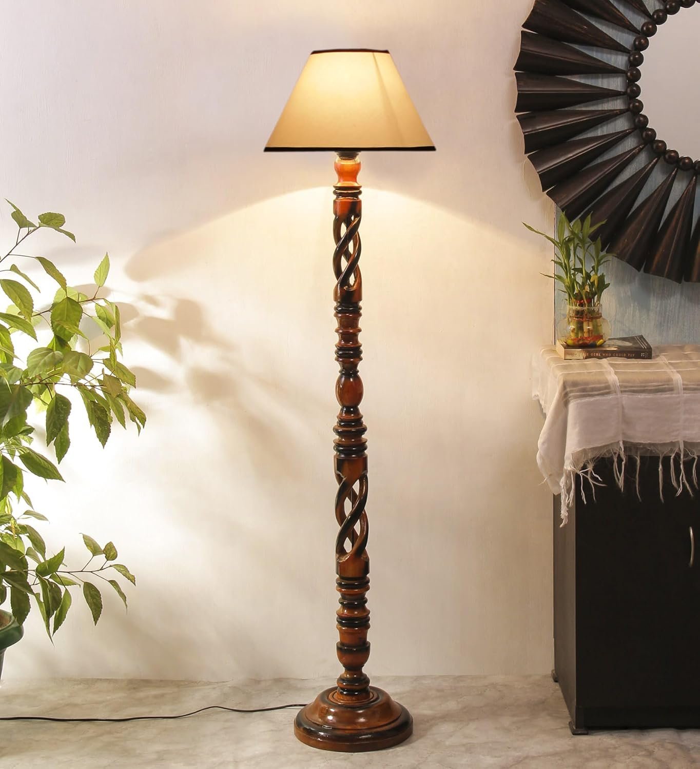 White & Black Cotton Conical Wooden Floor Lamp -26-(14x55.75inches) -Open Snake