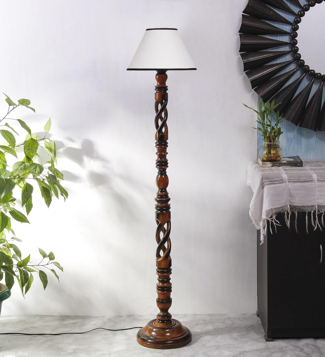 White & Black Cotton Conical Wooden Floor Lamp -26-(14x55.75inches) -Open Snake
