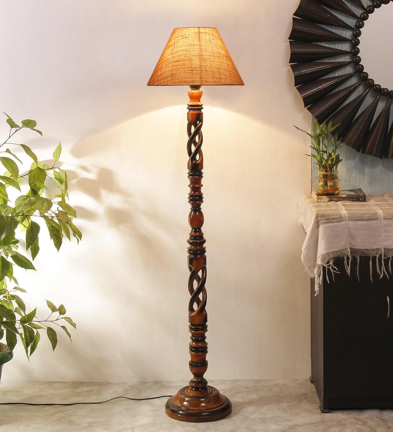 Beige Jute Conical Wooden Floor Lamp -27-(14x55.75inches) -Open Snake