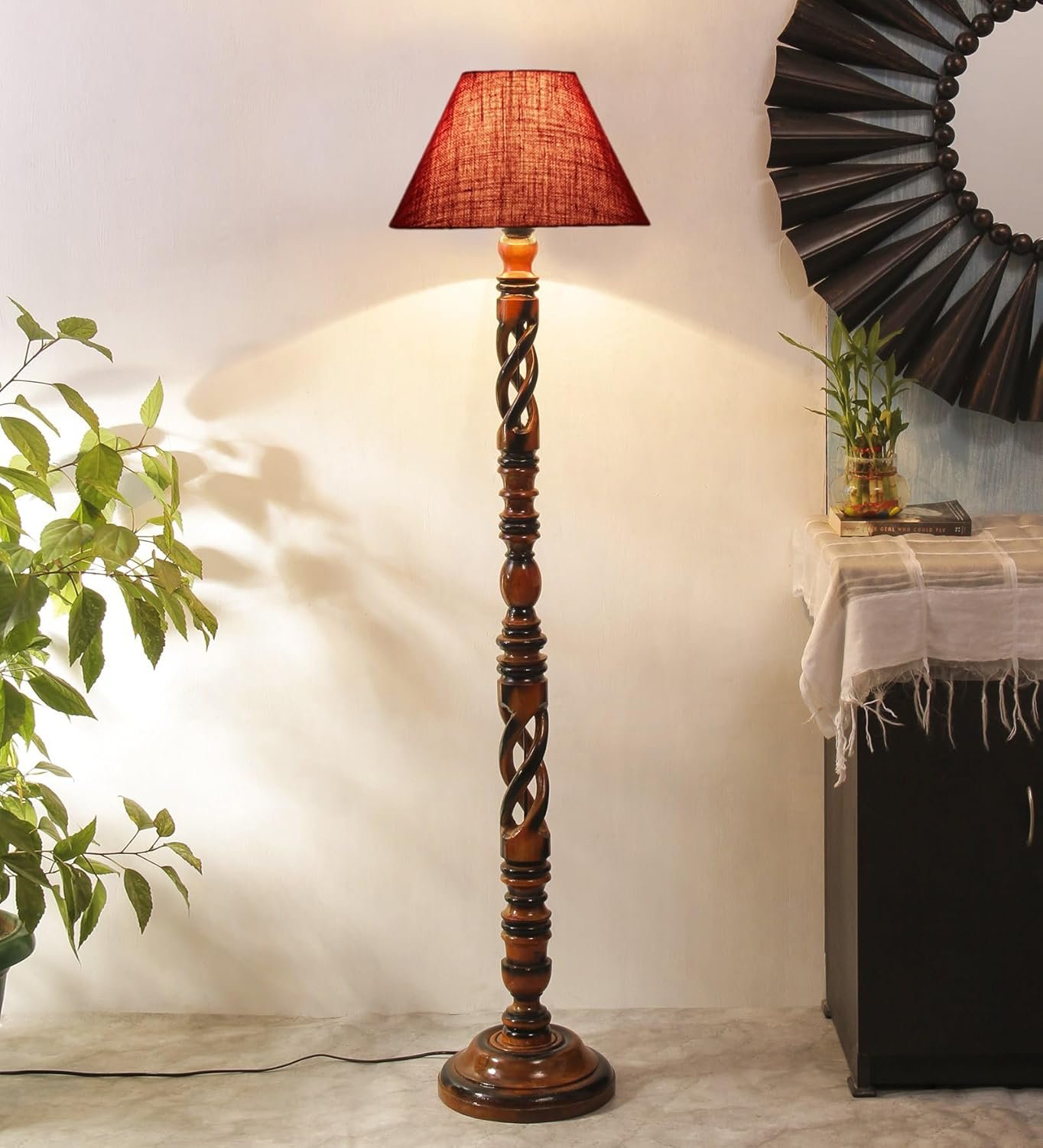Maroon Jute Conical Wooden Floor Lamp -30-(14x55.75inches) -Open Snake