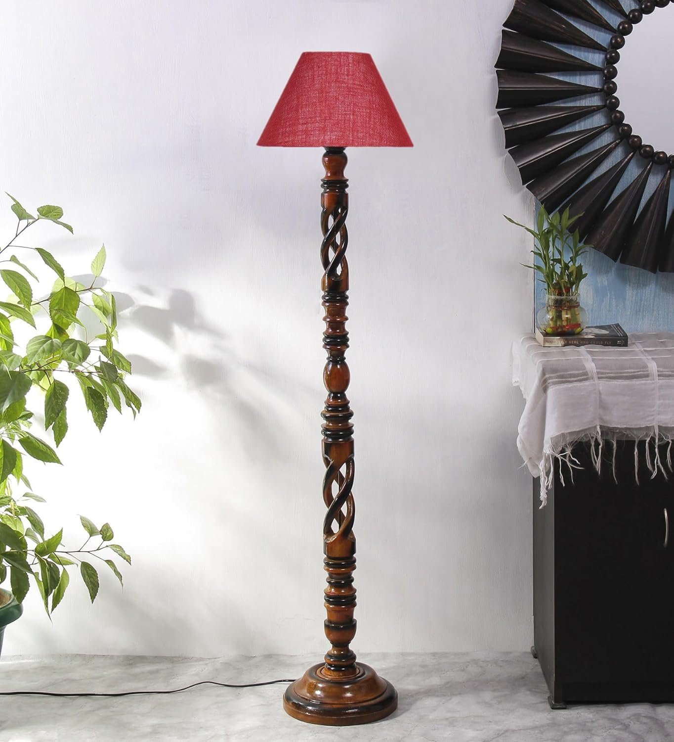 Maroon Jute Conical Wooden Floor Lamp -30-(14x55.75inches) -Open Snake