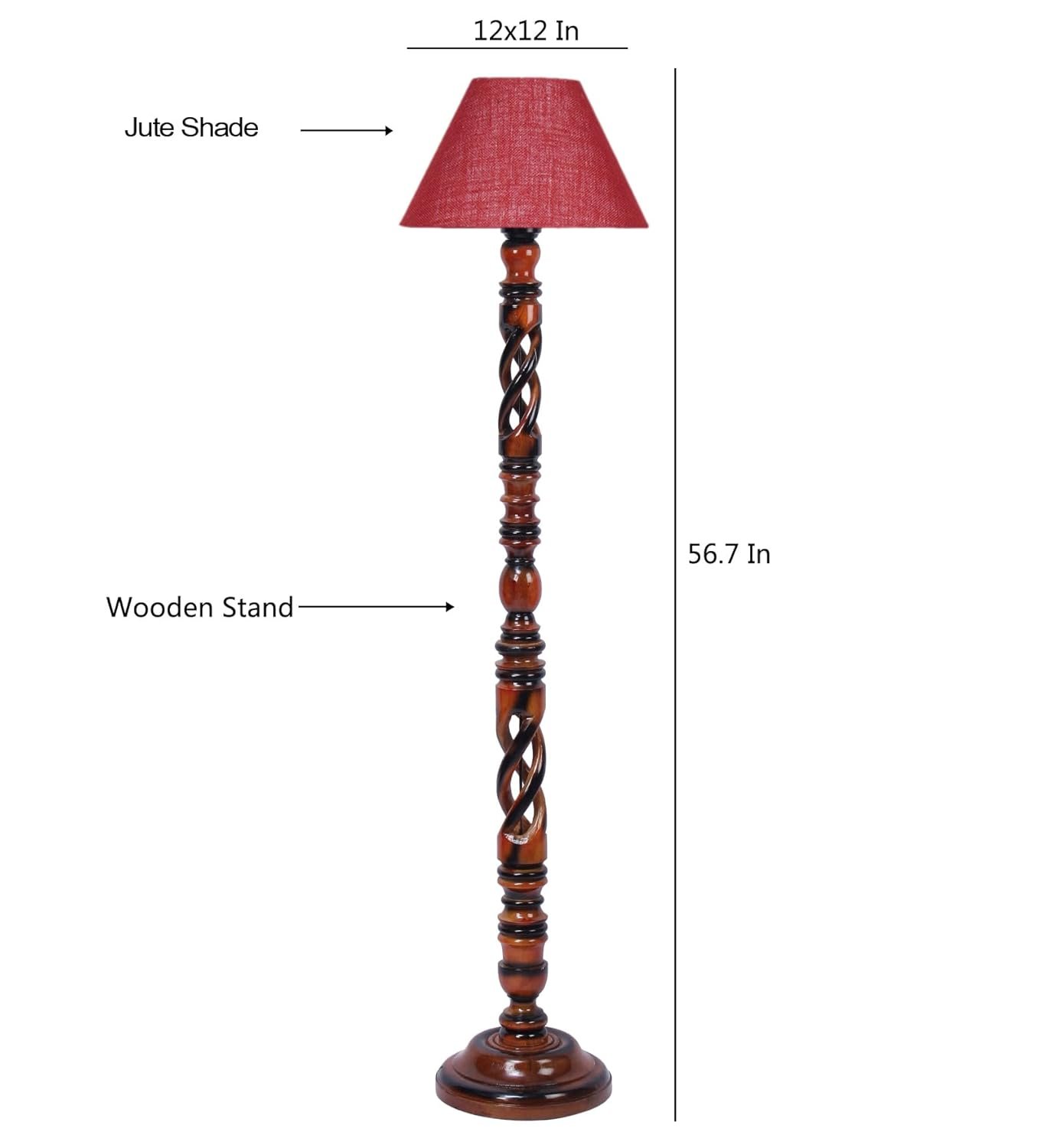 Maroon Jute Conical Wooden Floor Lamp -30-(14x55.75inches) -Open Snake