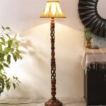 Vintage Cotton Curtain Pleated Shade Wood Floor Lamp -40(12×54.8inches)-Open Snake