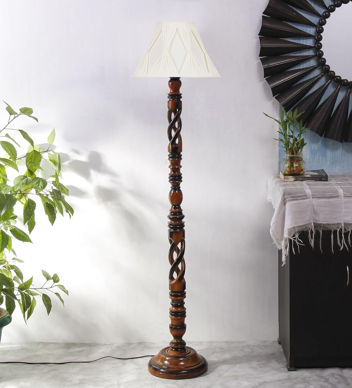 Vintage Cotton Curtain Pleated Shade Wood Floor Lamp -40(12x54.8inches)-Open Snake