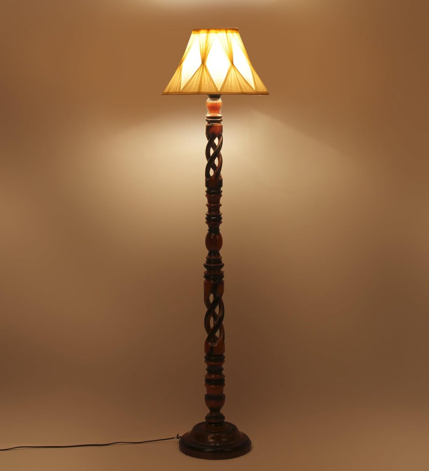 Vintage Cotton Curtain Pleated Shade Wood Floor Lamp -40(12x54.8inches)-Open Snake