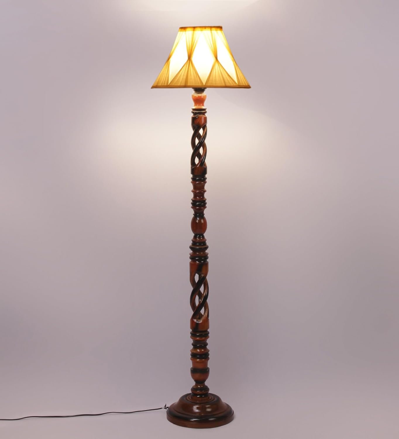 Vintage Cotton Curtain Pleated Shade Wood Floor Lamp -40(12x54.8inches)-Open Snake