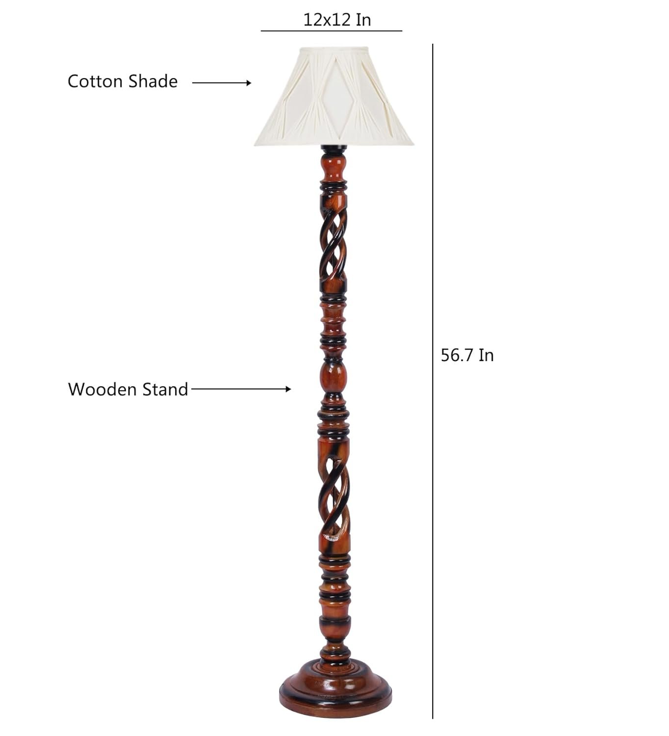 Vintage Cotton Curtain Pleated Shade Wood Floor Lamp -40(12x54.8inches)-Open Snake