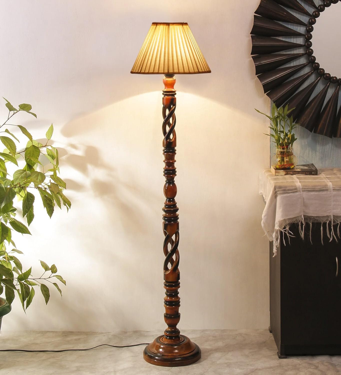 Cotton Straight Pleated Wooden Floor Lamp -42-(12x54.8inches)-Open Snake