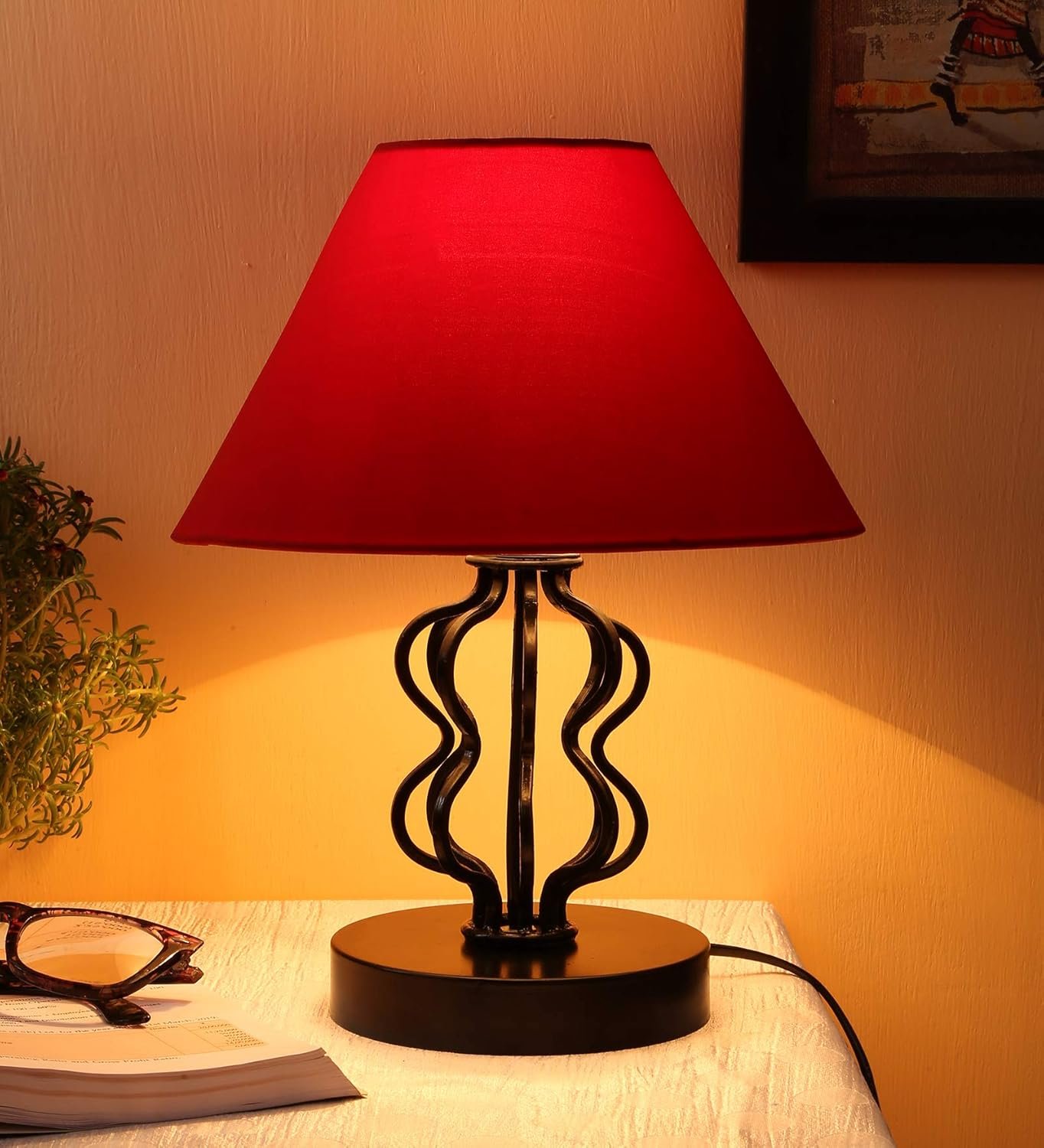 Red Cotton Table lamp with Iron Base