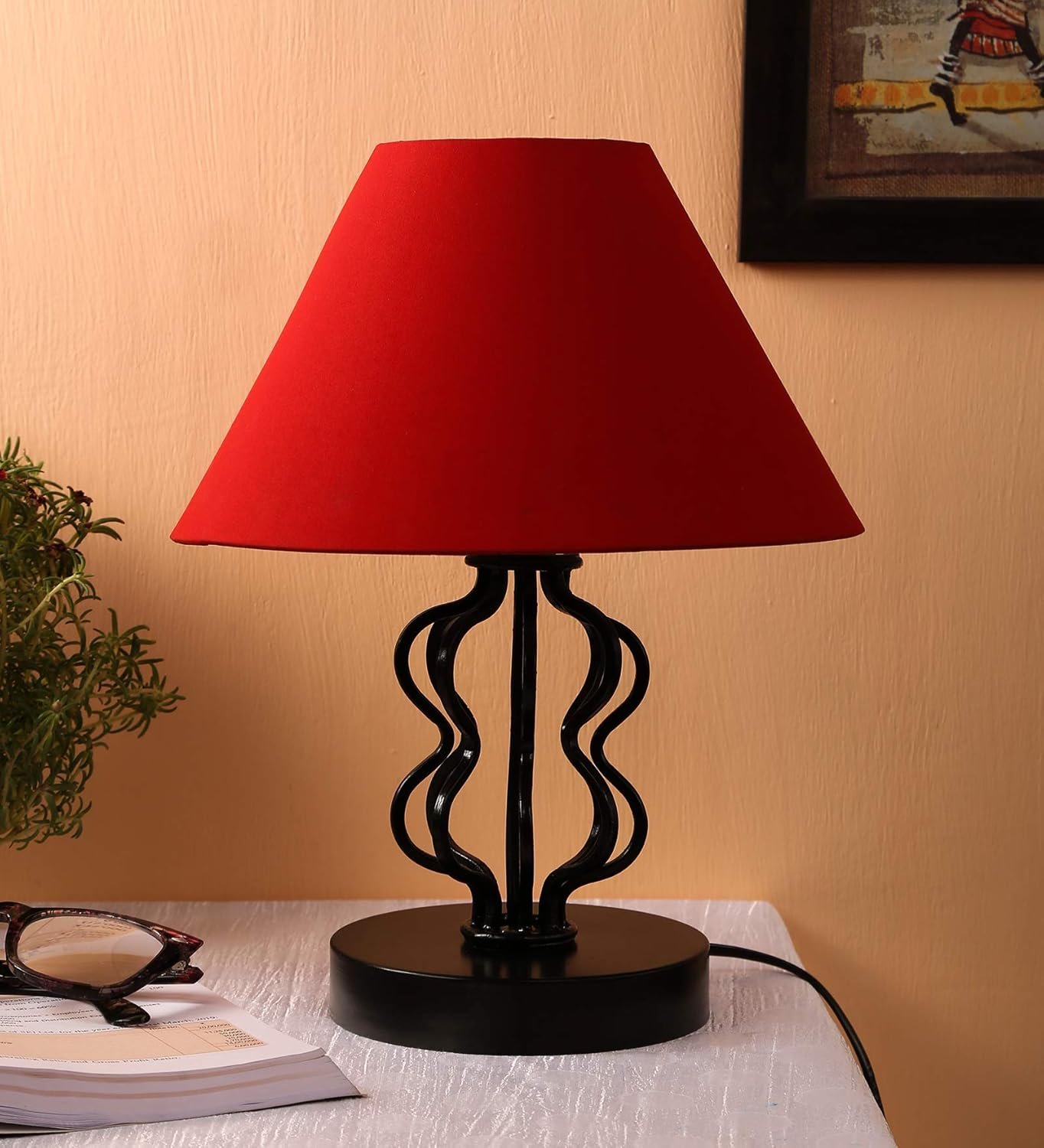 Red Cotton Table lamp with Iron Base