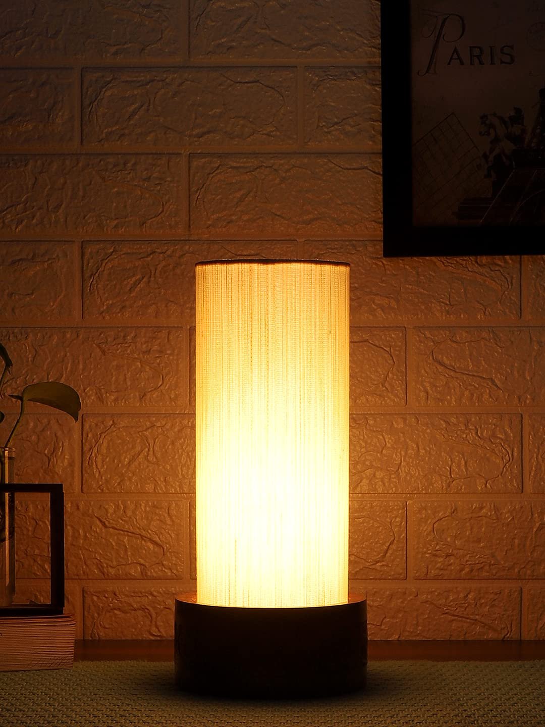 Off White Cotton Table lamp with Carving Wood Natural Base (Round)
