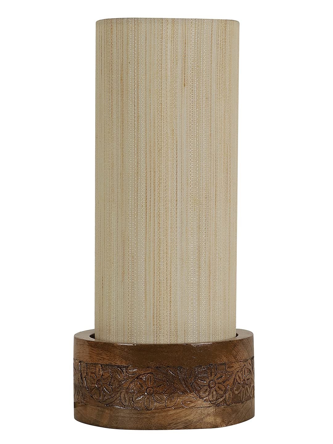 Off White Cotton Table lamp with Carving Wood Natural Base (Round)