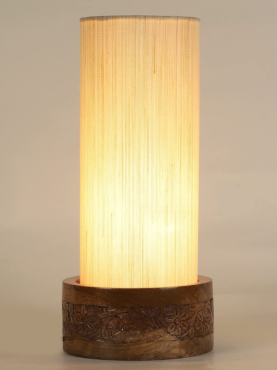 Off White Cotton Table lamp with Carving Wood Natural Base (Round)