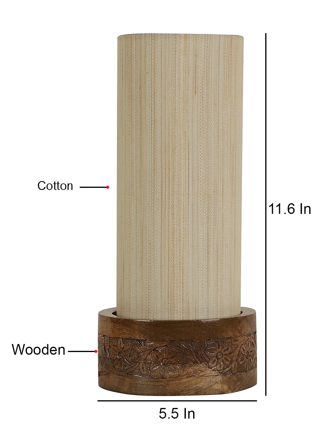 Off White Cotton Table lamp with Carving Wood Natural Base (Round)