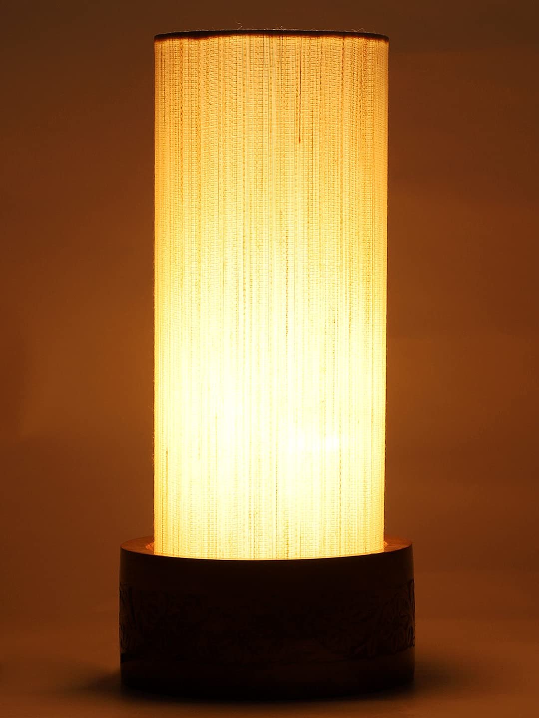 Off White Cotton Table lamp with Carving Wood Natural Base (Round)