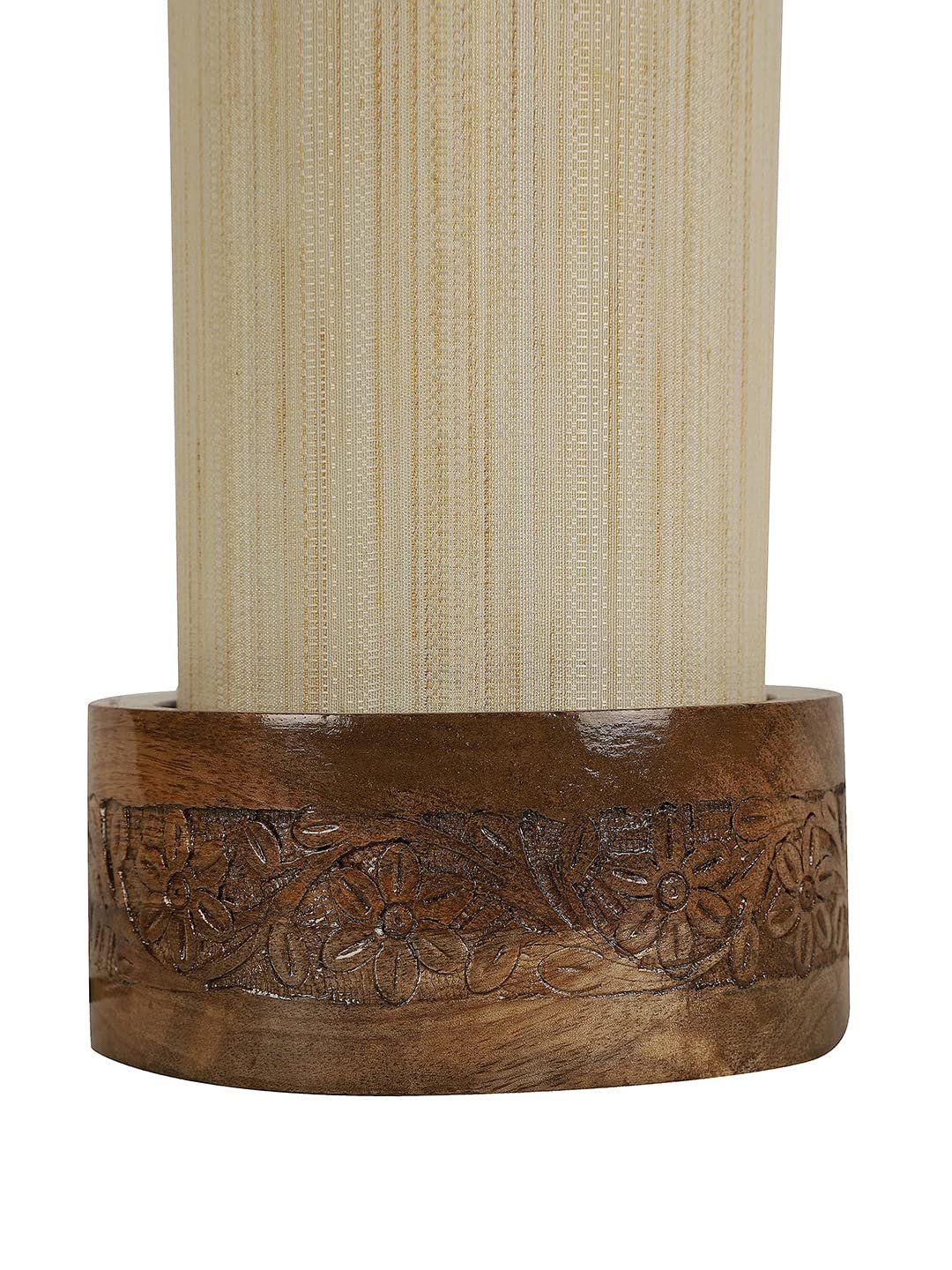 Off White Cotton Table lamp with Carving Wood Natural Base (Round)