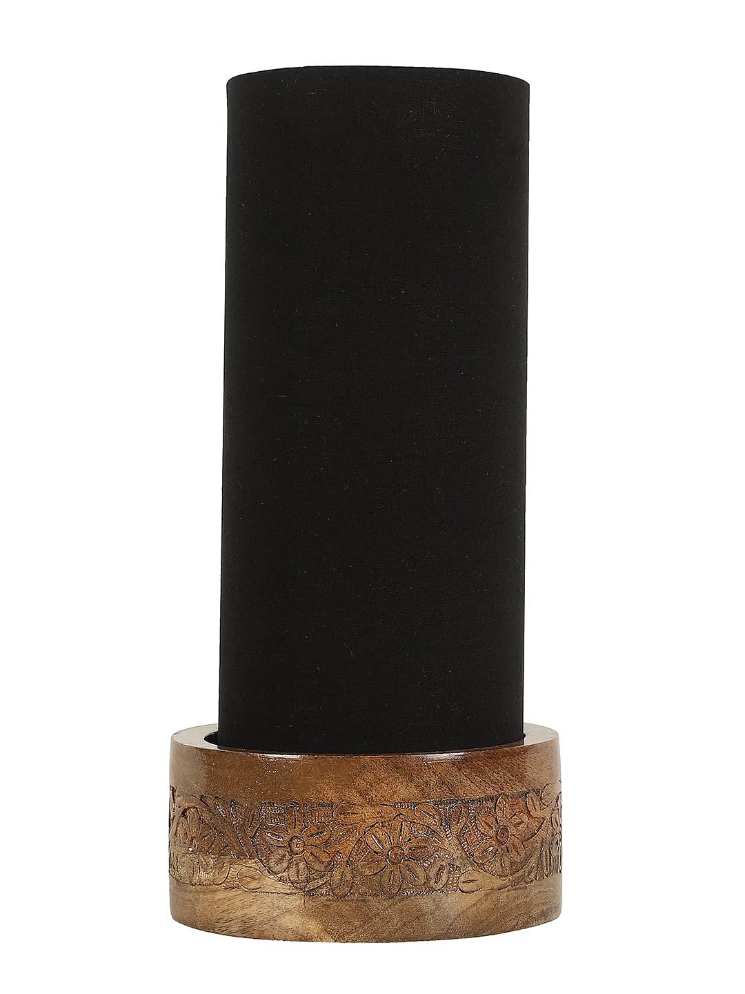 Black Cotton Table lamp with Carving Wood Natural Base (Round)