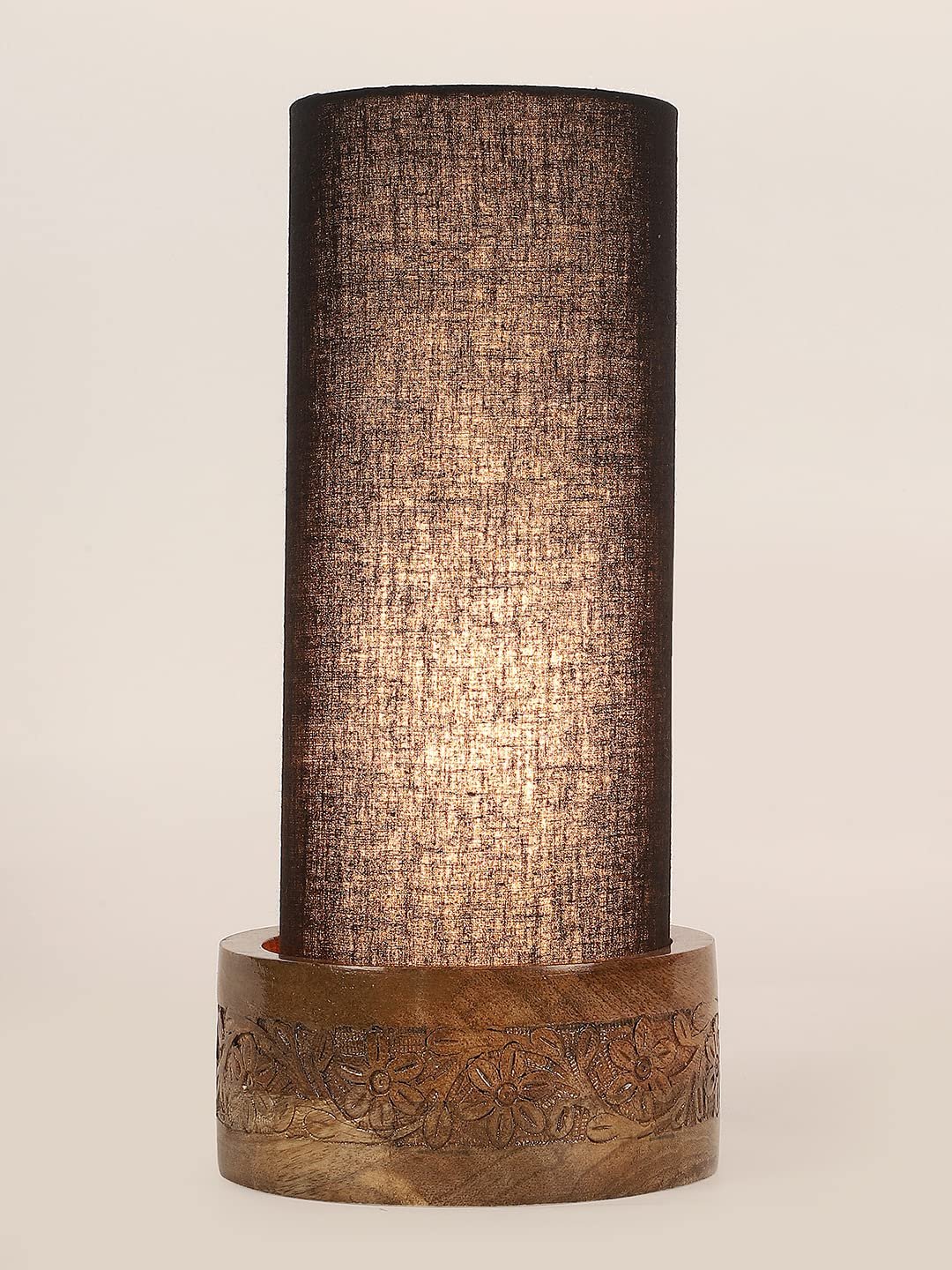 Black Cotton Table lamp with Carving Wood Natural Base (Round)