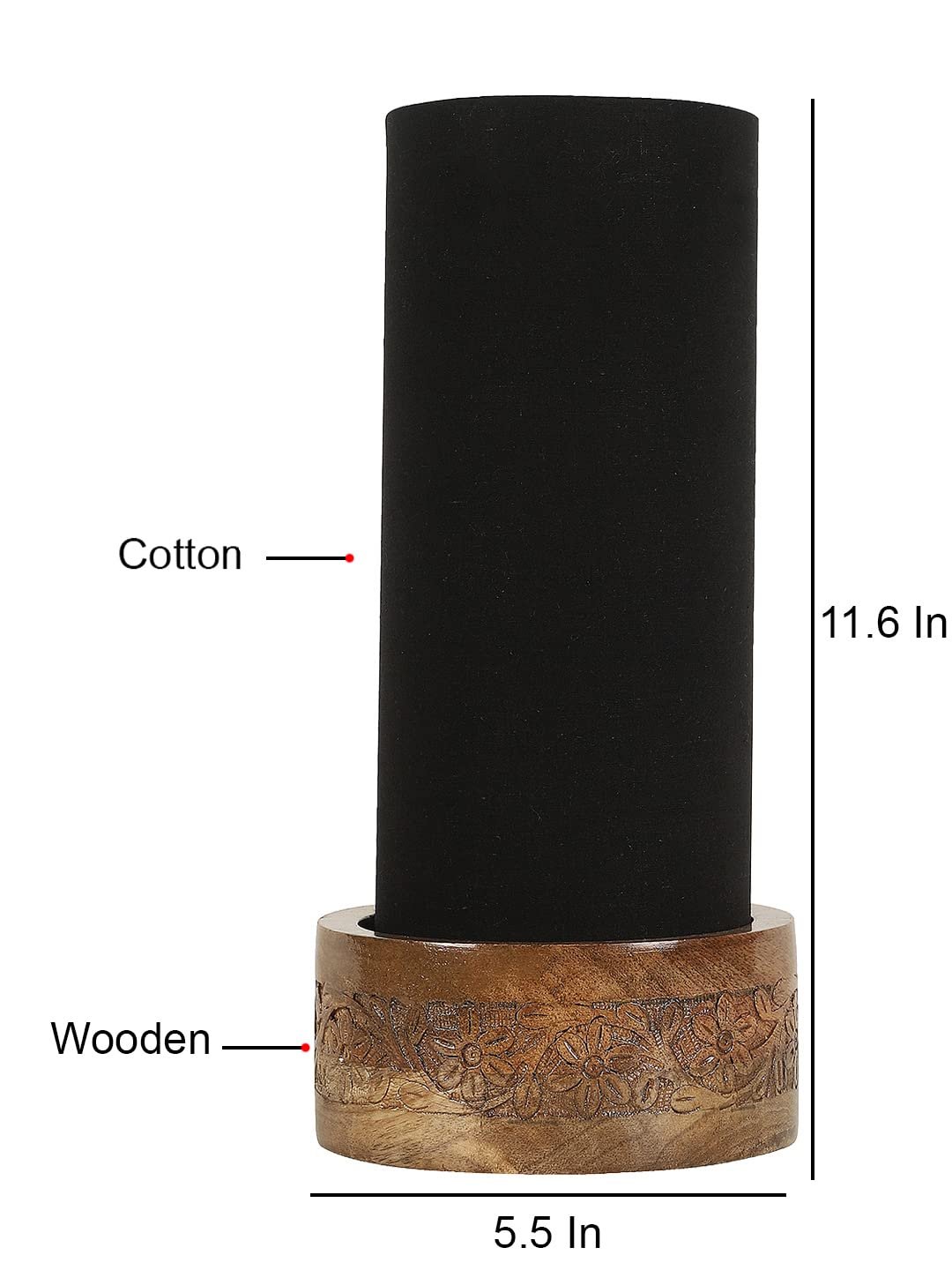 Black Cotton Table lamp with Carving Wood Natural Base (Round)