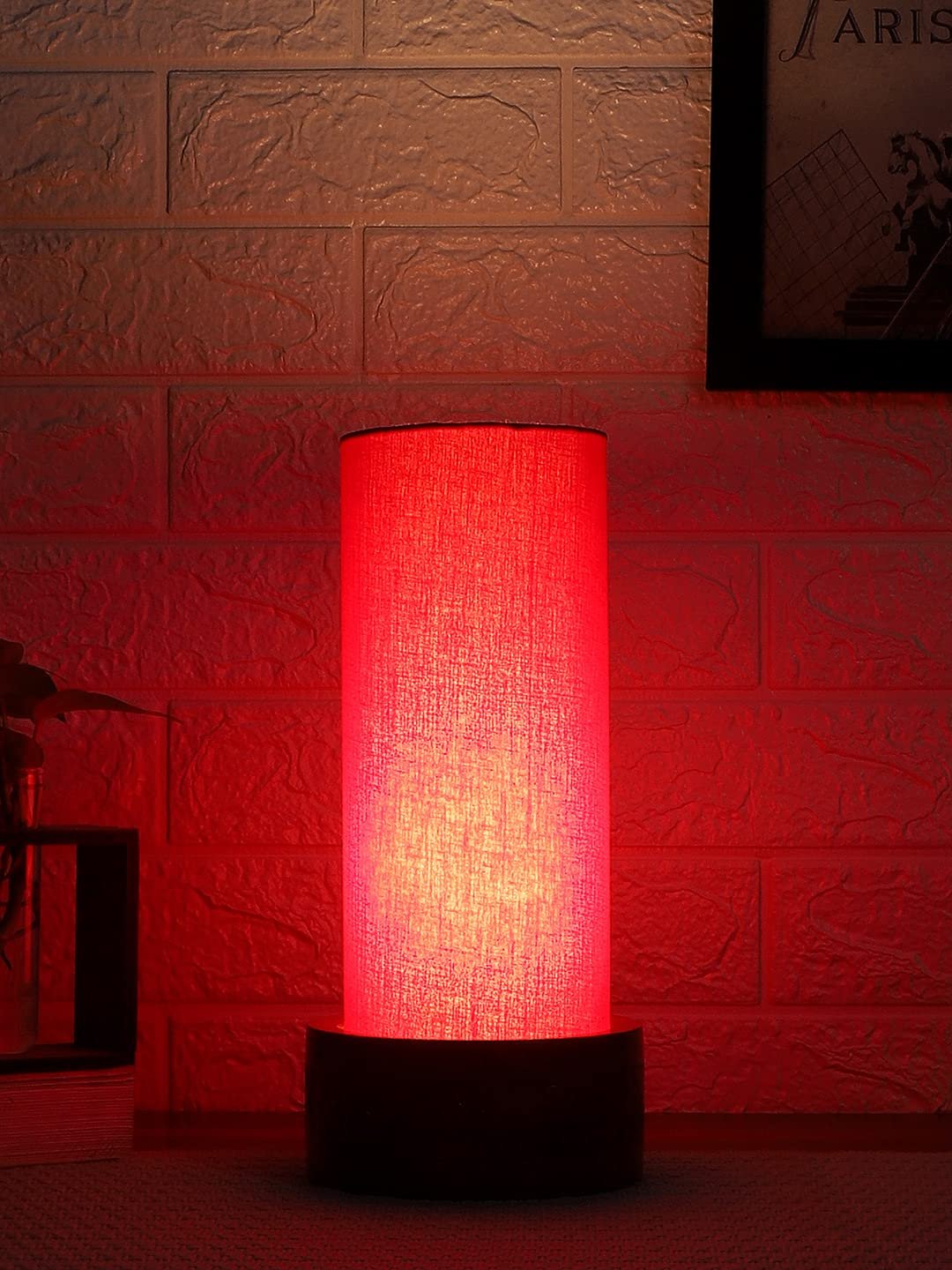 Red Cotton Table lamp with Carving Wood Natural Base (Round)