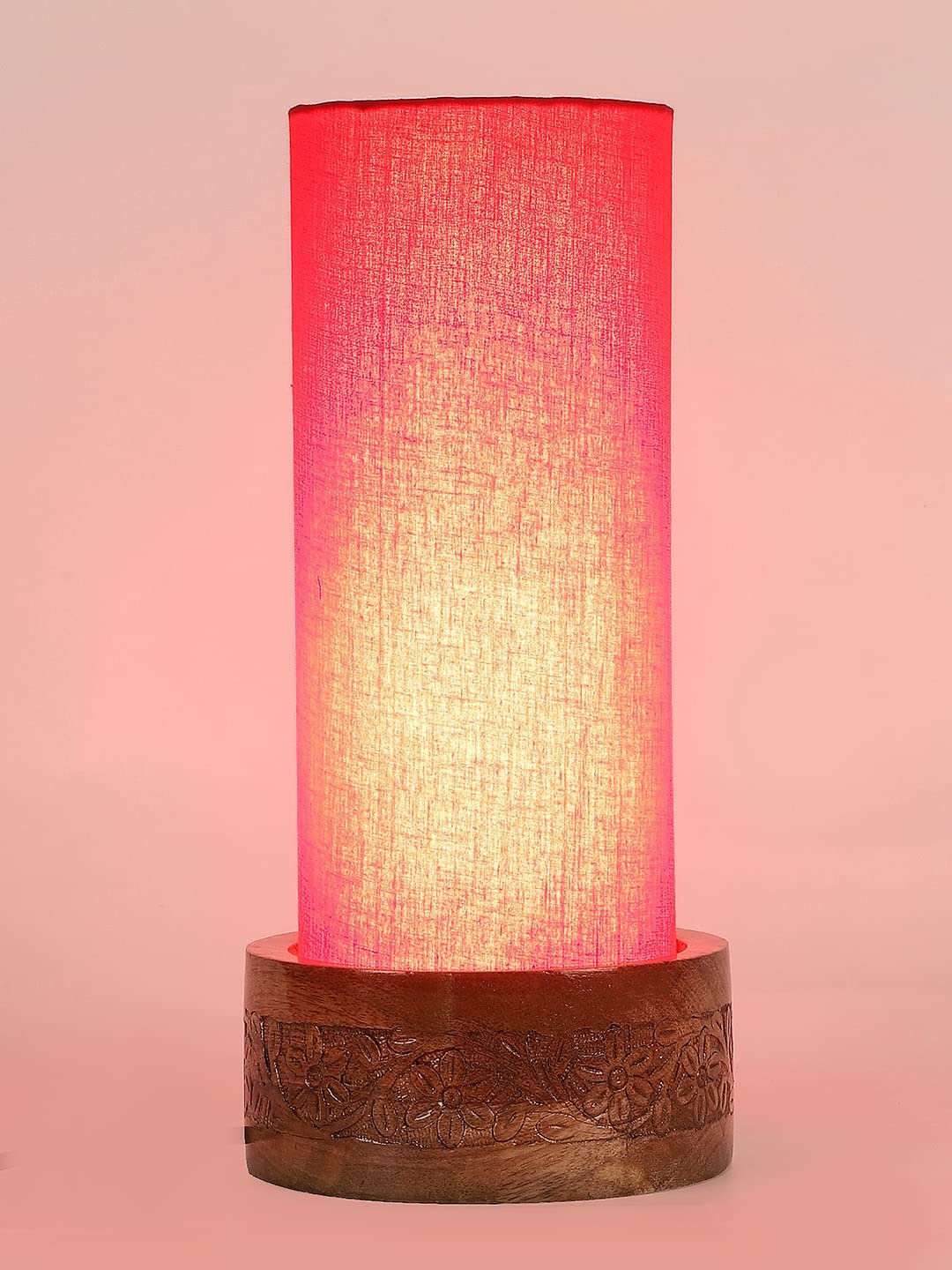 Red Cotton Table lamp with Carving Wood Natural Base (Round)