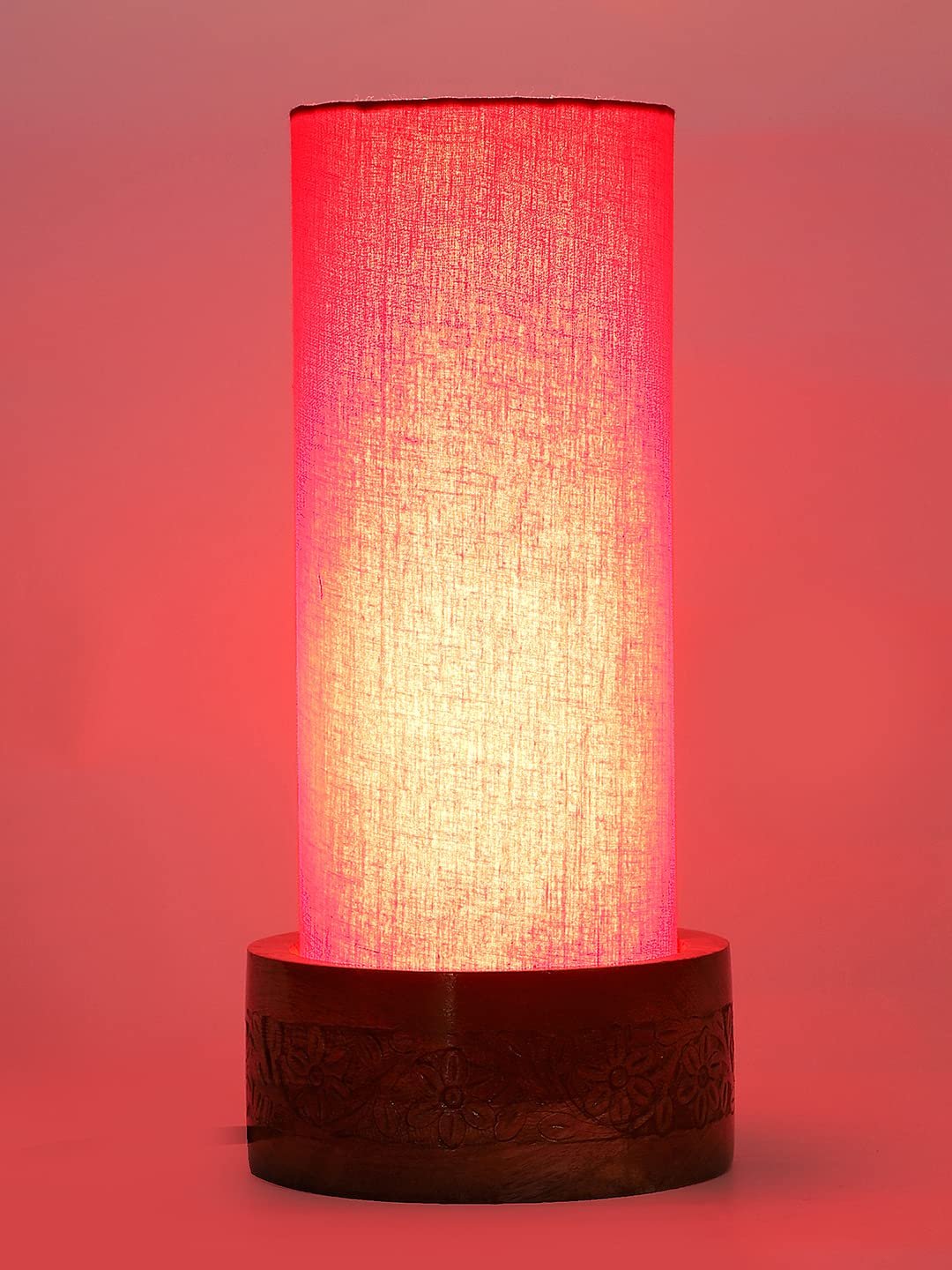 Red Cotton Table lamp with Carving Wood Natural Base (Round)