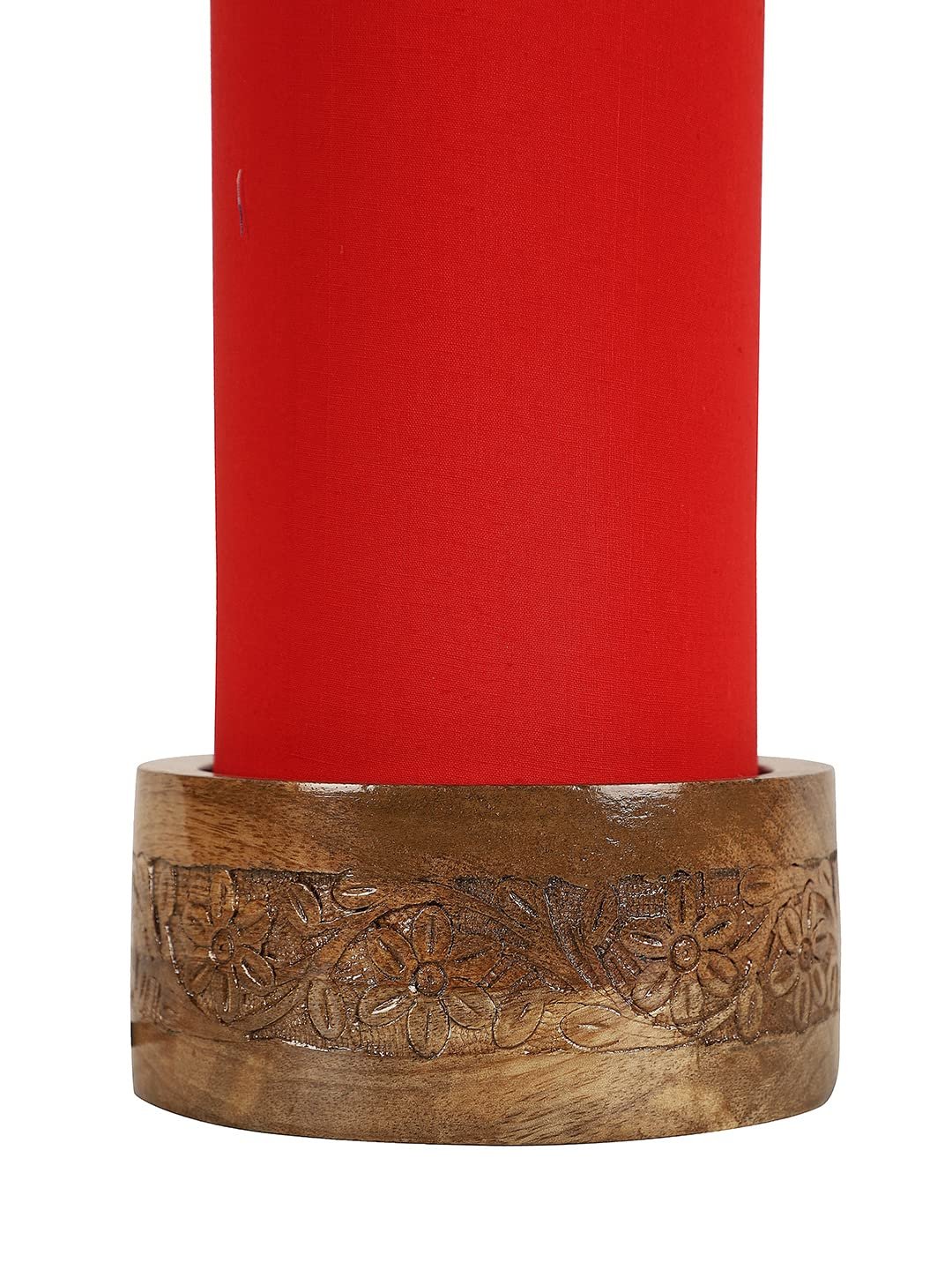 Red Cotton Table lamp with Carving Wood Natural Base (Round)