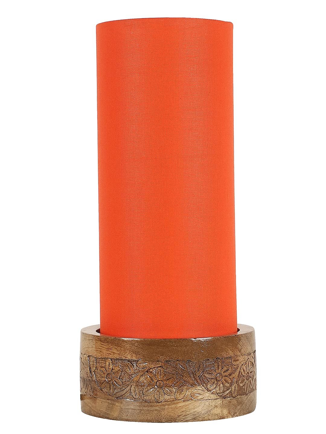 Orange Cotton Table lamp with Carving Wood Natural Base (Round)