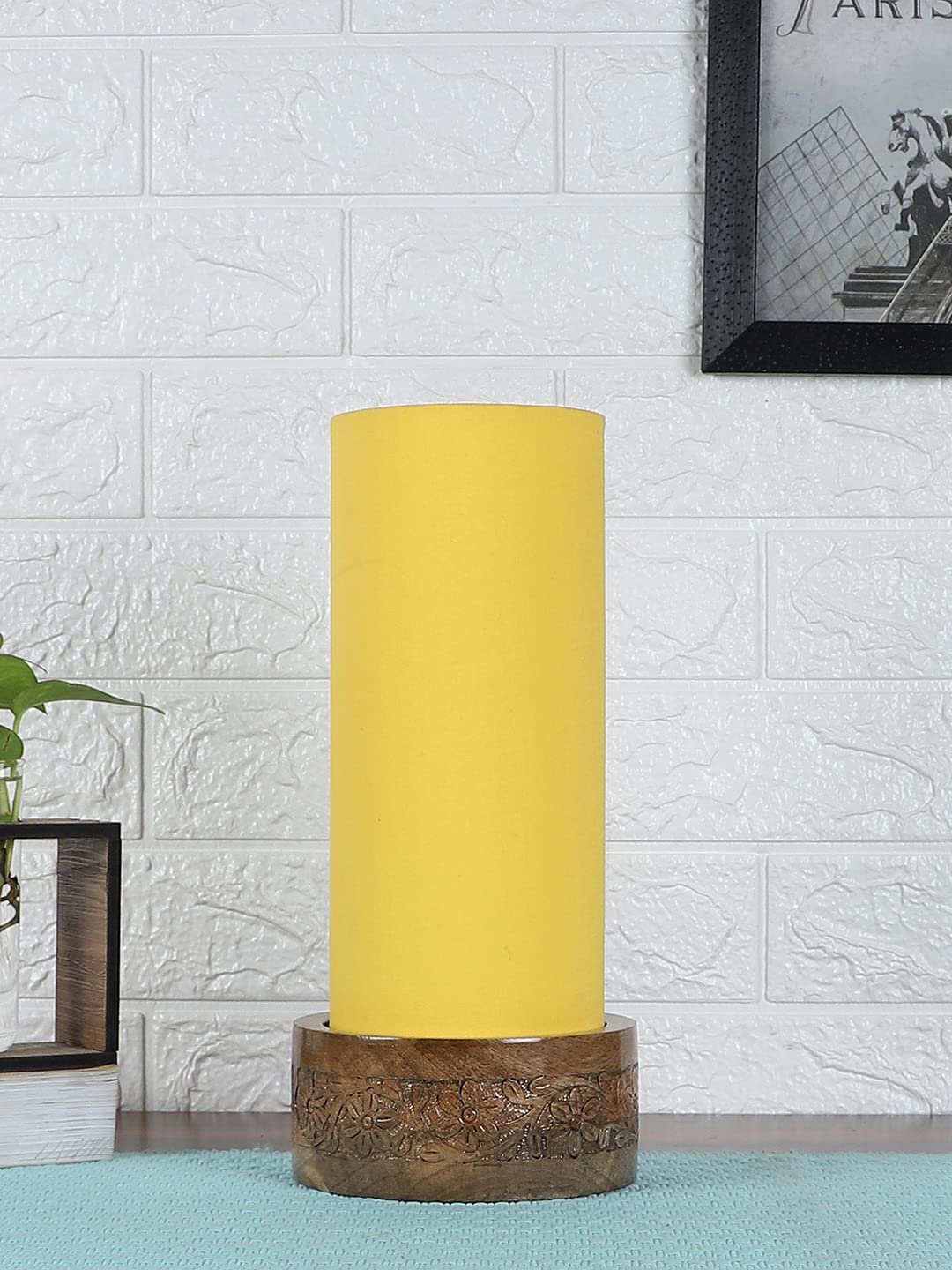 Yellow Cotton Table lamp with Carving Wood Natural Base (Round)