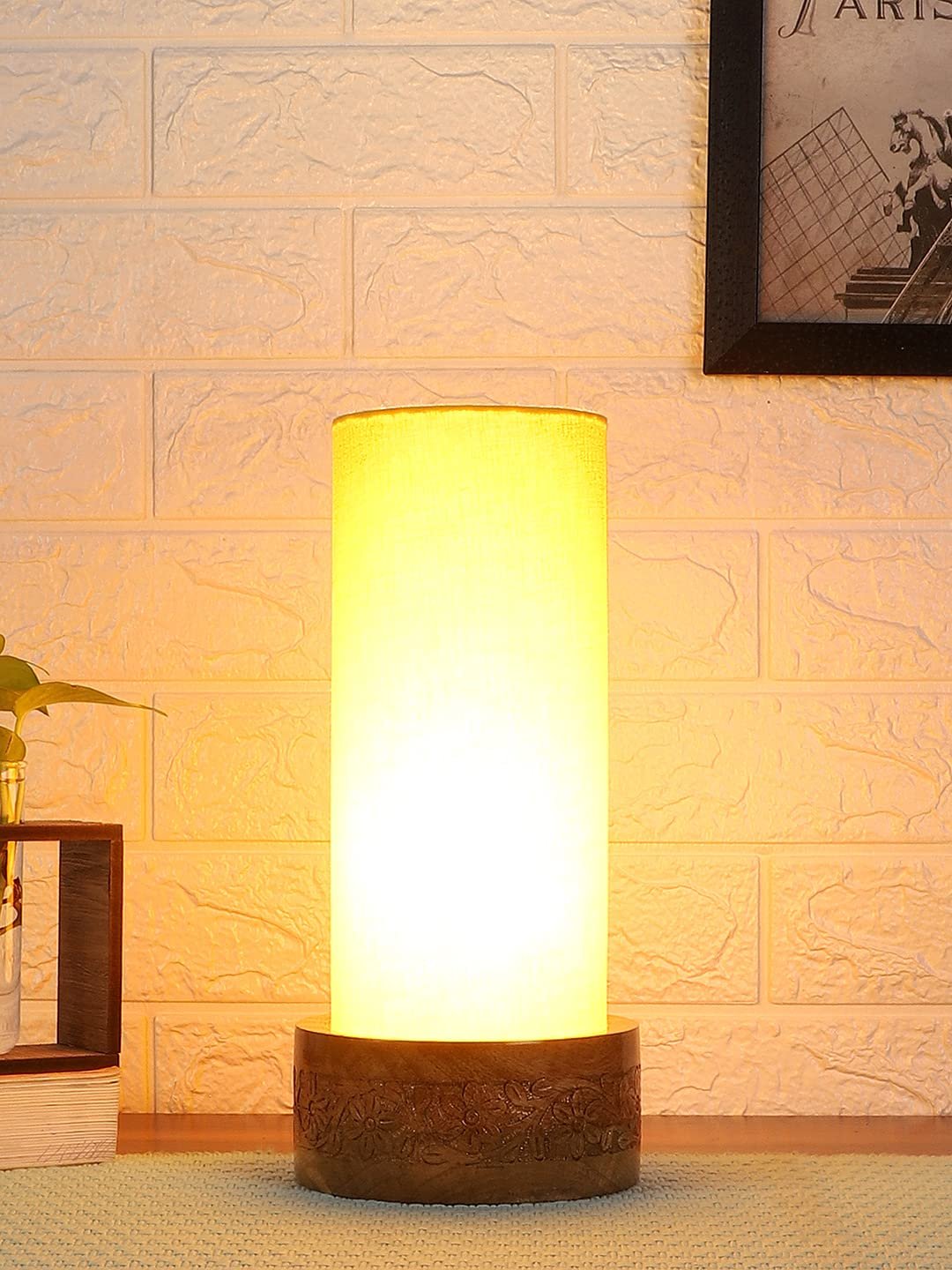 Yellow Cotton Table lamp with Carving Wood Natural Base (Round)