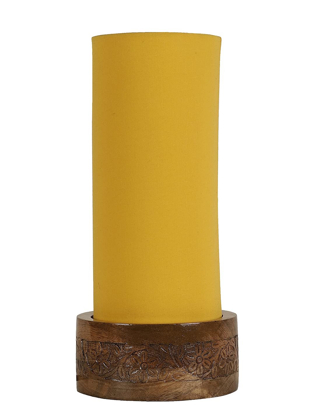 Yellow Cotton Table lamp with Carving Wood Natural Base (Round)
