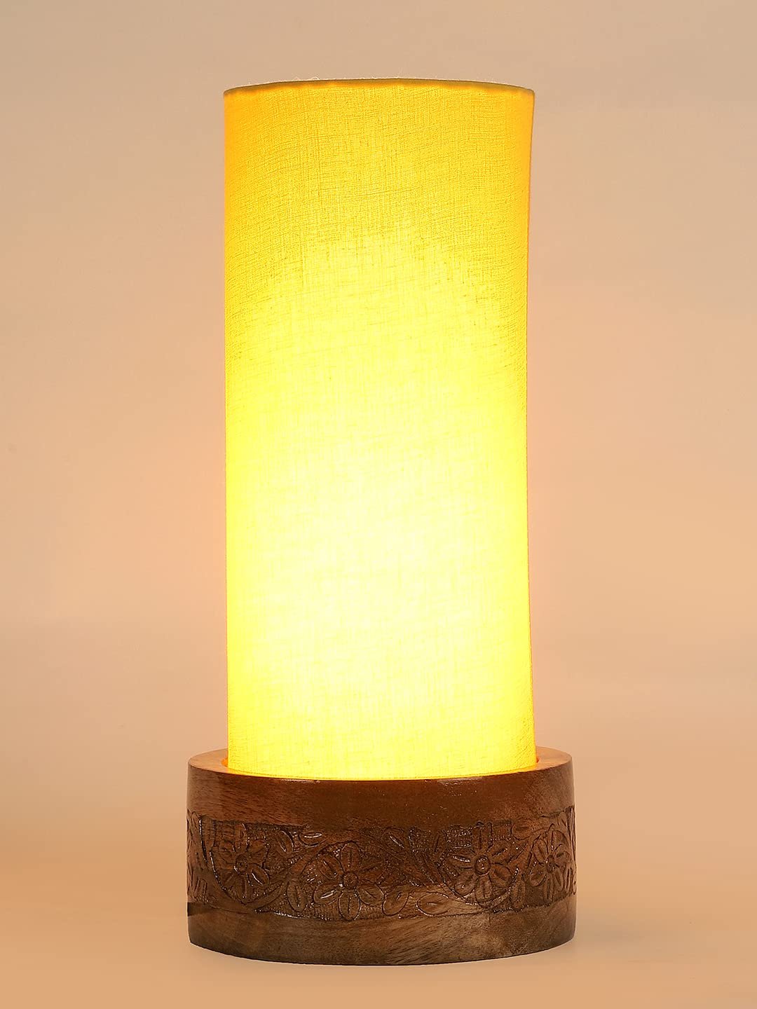 Yellow Cotton Table lamp with Carving Wood Natural Base (Round)