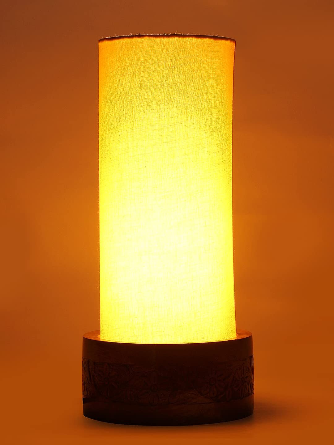 Yellow Cotton Table lamp with Carving Wood Natural Base (Round)