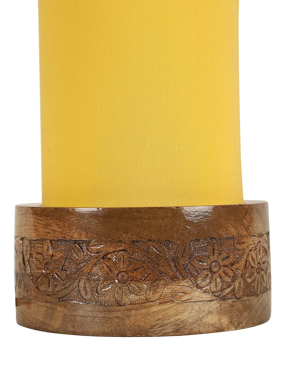 Yellow Cotton Table lamp with Carving Wood Natural Base (Round)