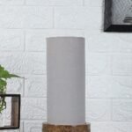 Grey Cotton Table lamp with Carving Wood Natural Base (Round)