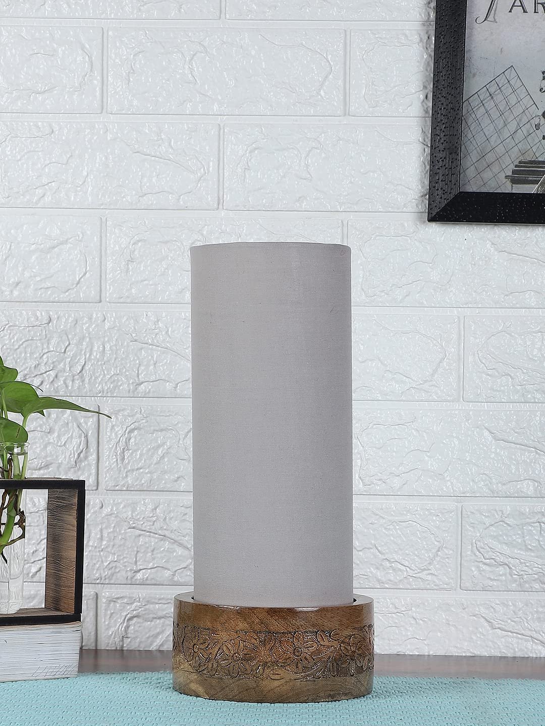 Grey Cotton Table lamp with Carving Wood Natural Base (Round)