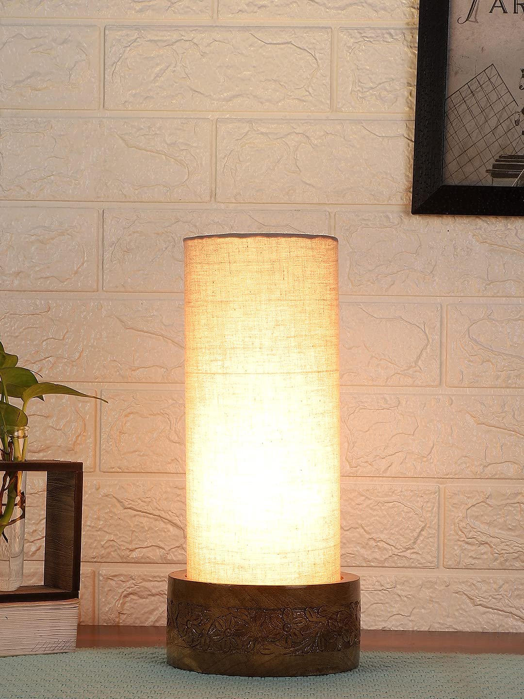 Grey Cotton Table lamp with Carving Wood Natural Base (Round)