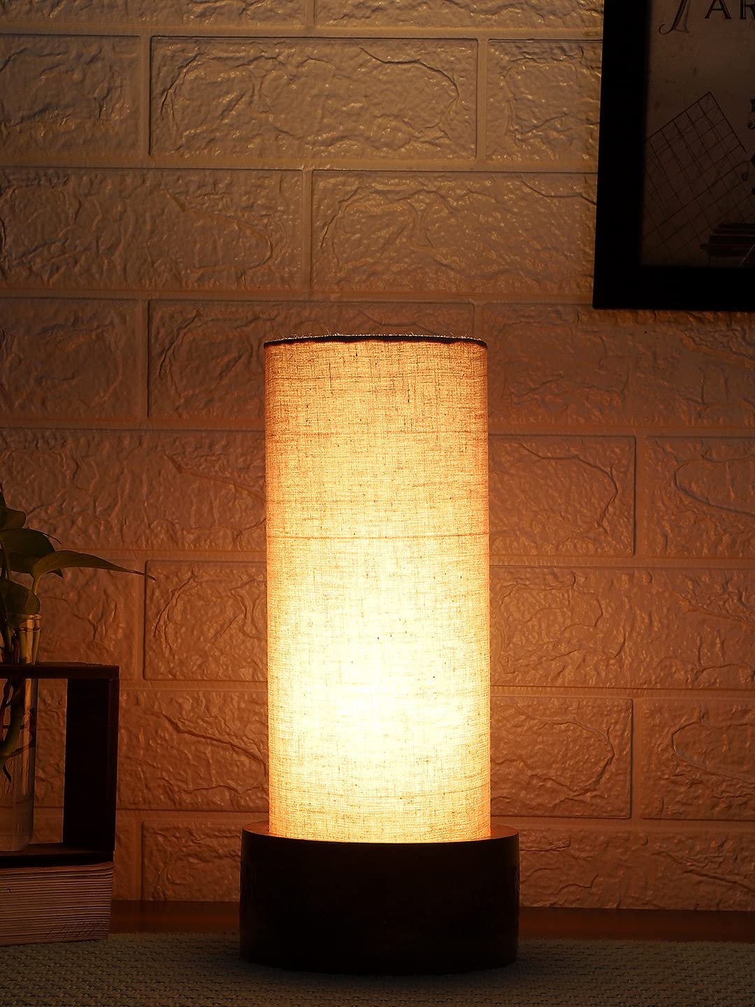 Grey Cotton Table lamp with Carving Wood Natural Base (Round)