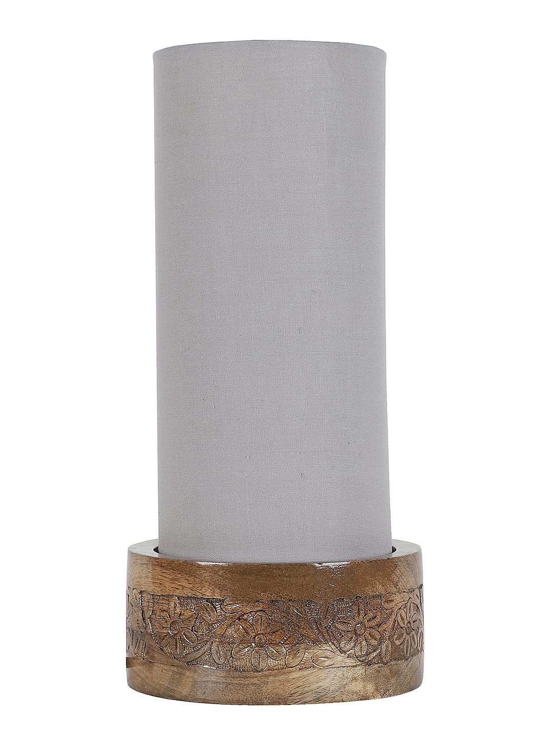 Grey Cotton Table lamp with Carving Wood Natural Base (Round)
