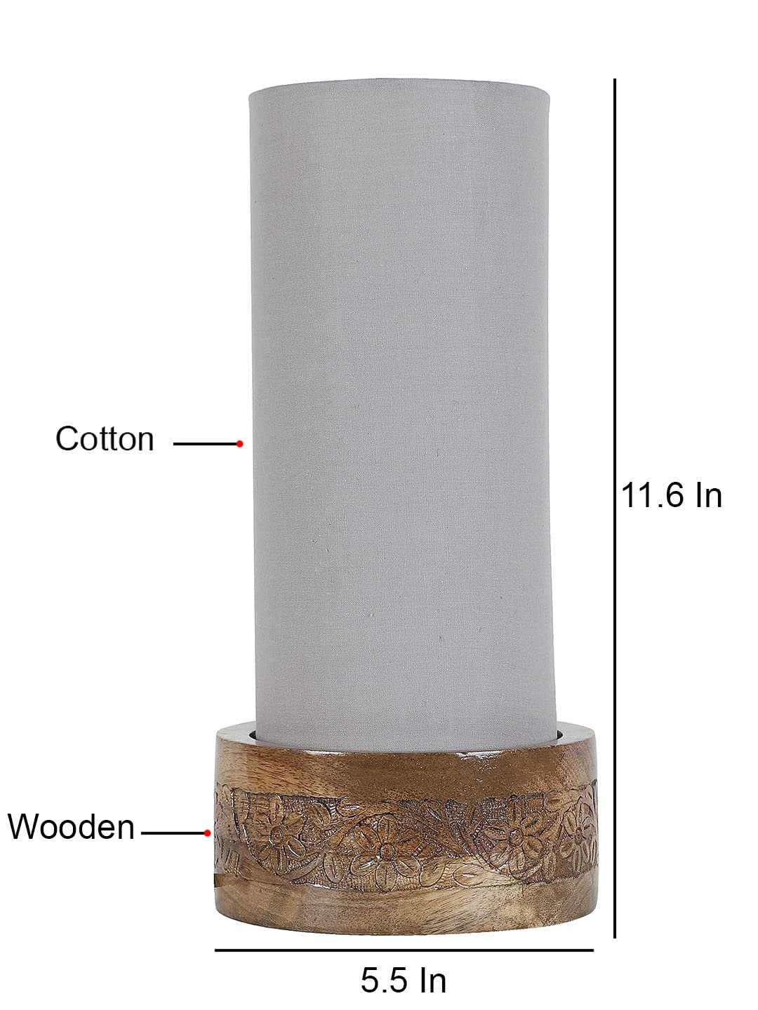 Grey Cotton Table lamp with Carving Wood Natural Base (Round)