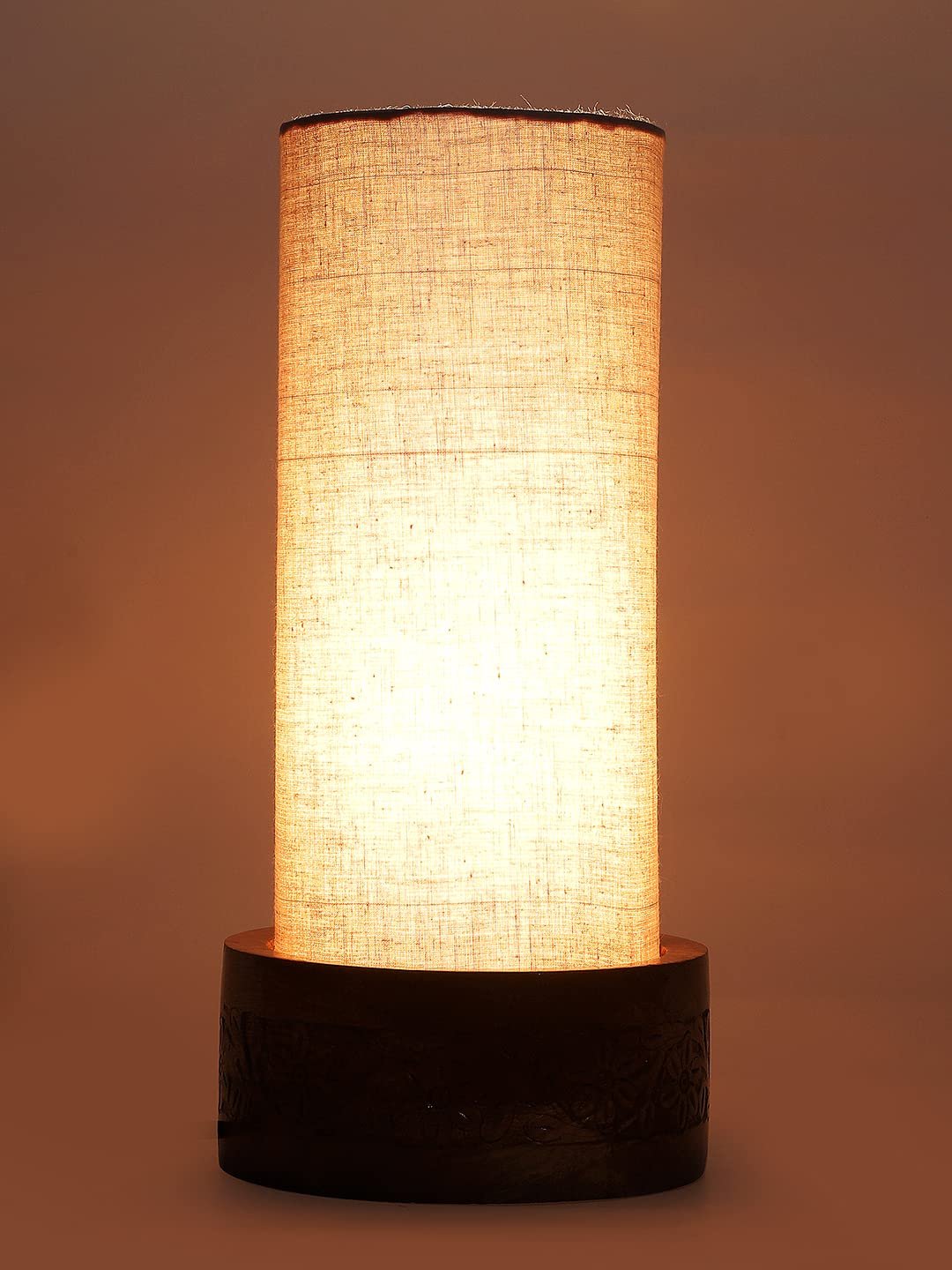 Grey Cotton Table lamp with Carving Wood Natural Base (Round)