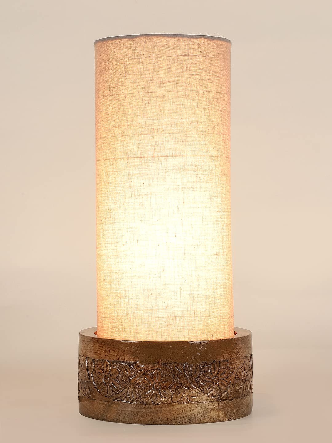 Grey Cotton Table lamp with Carving Wood Natural Base (Round)