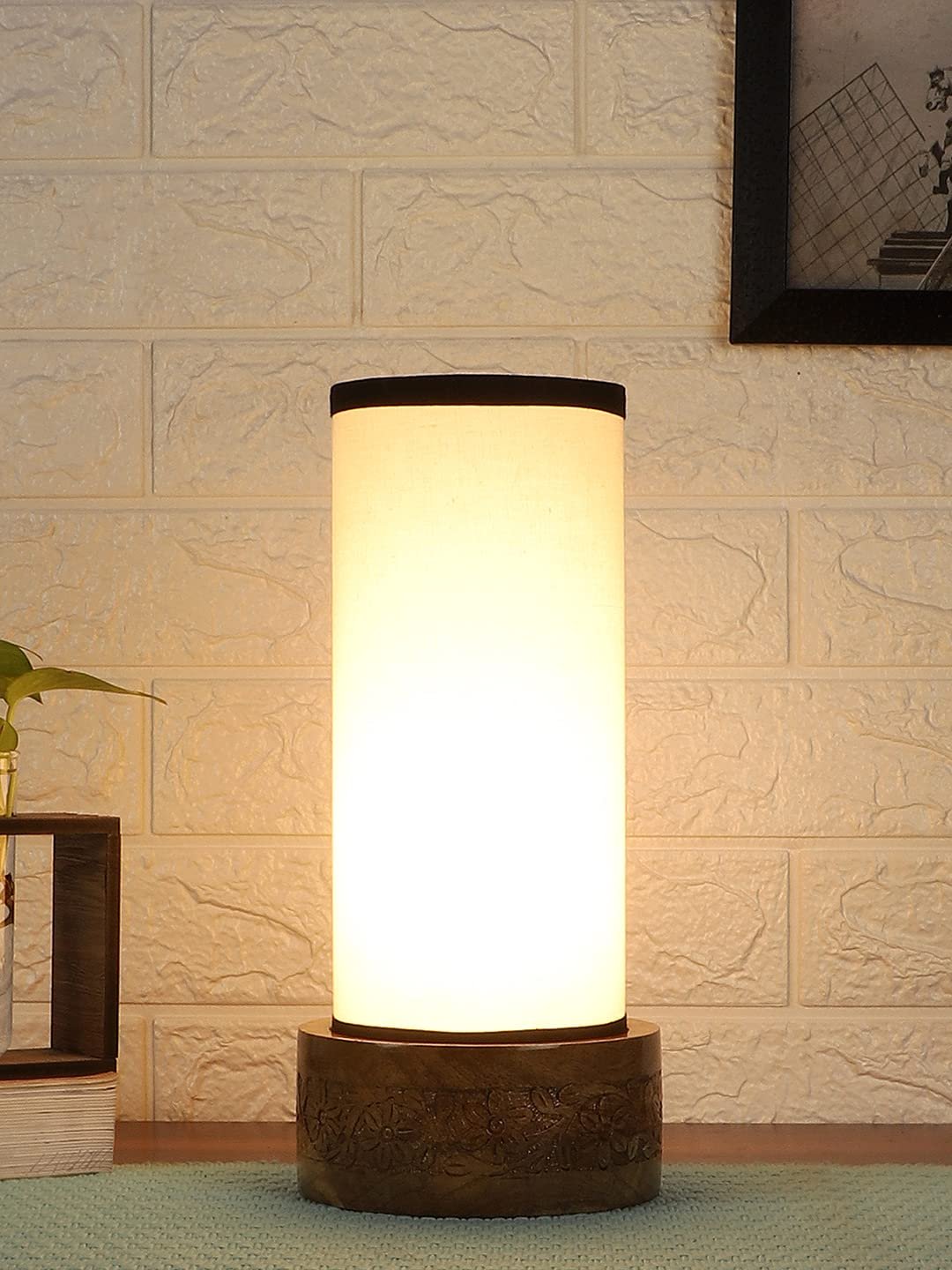 Multicolor Cotton Table lamp with Carving Wood Natural Base (Round)
