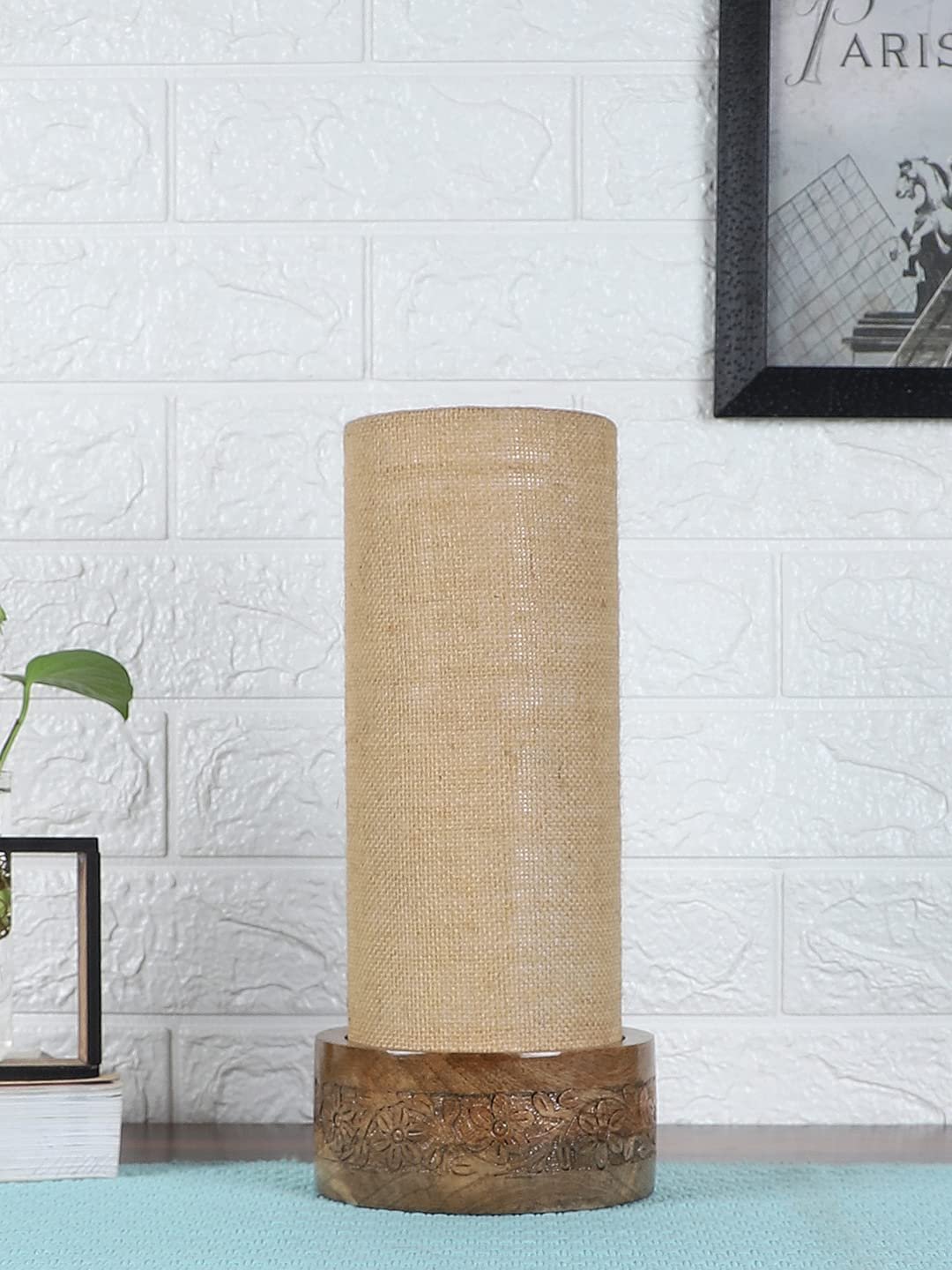 Beige Jute Table lamp with Carving Wood Natural Base (Round)