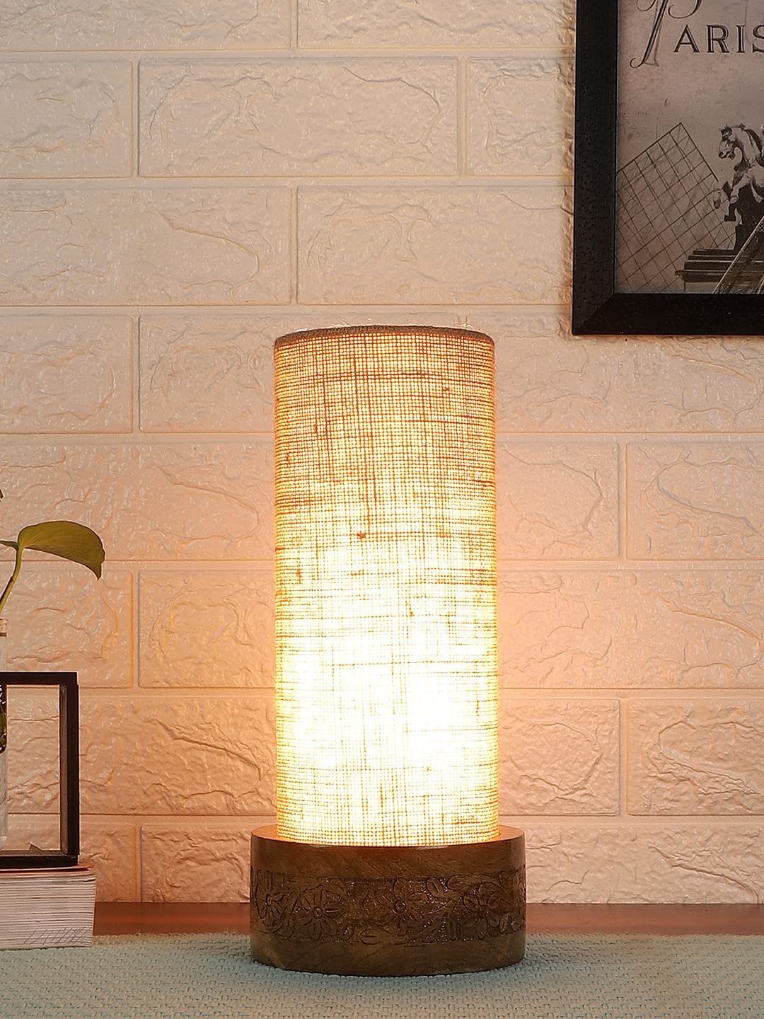 Beige Jute Table lamp with Carving Wood Natural Base (Round)