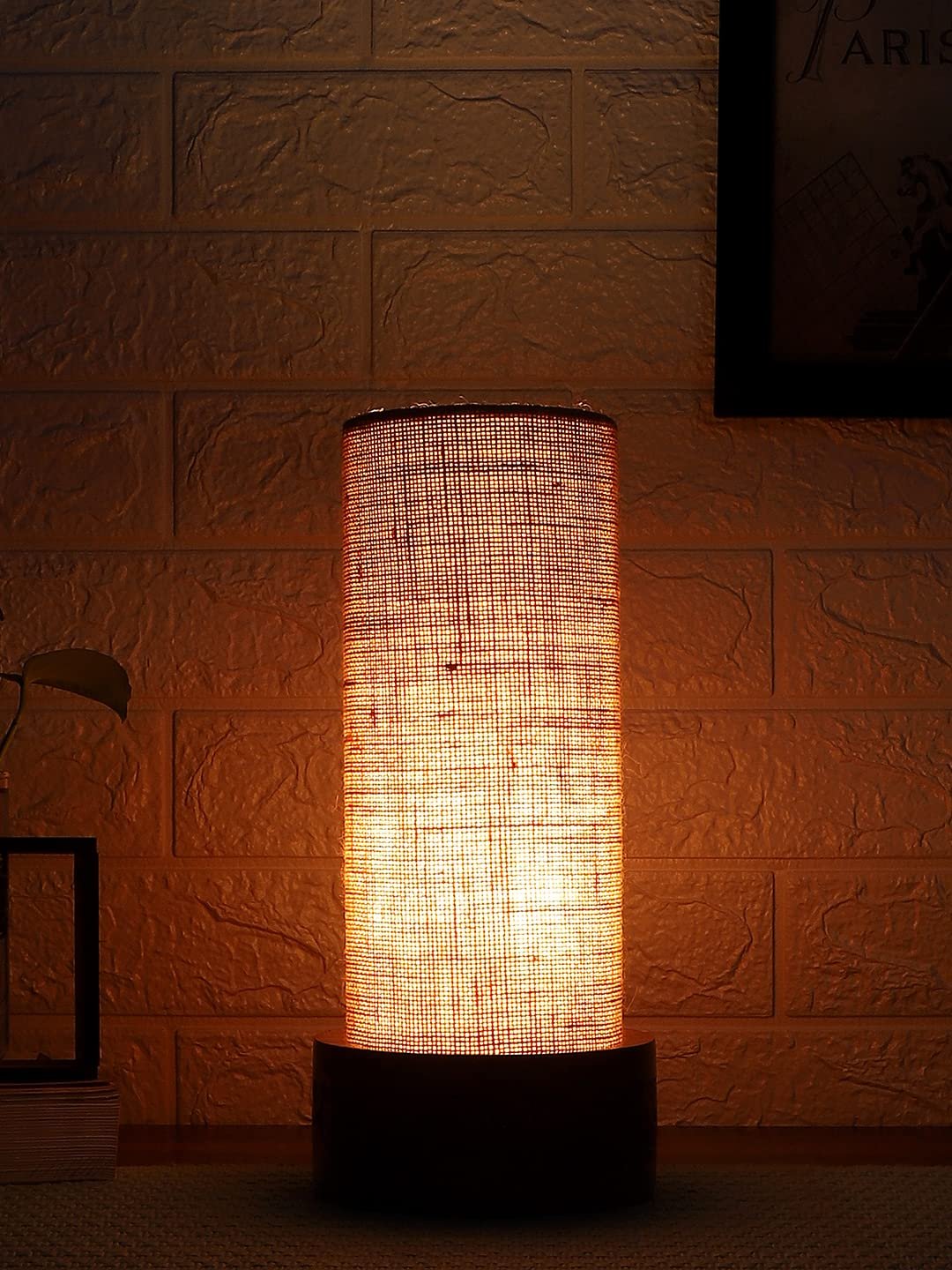 Beige Jute Table lamp with Carving Wood Natural Base (Round)