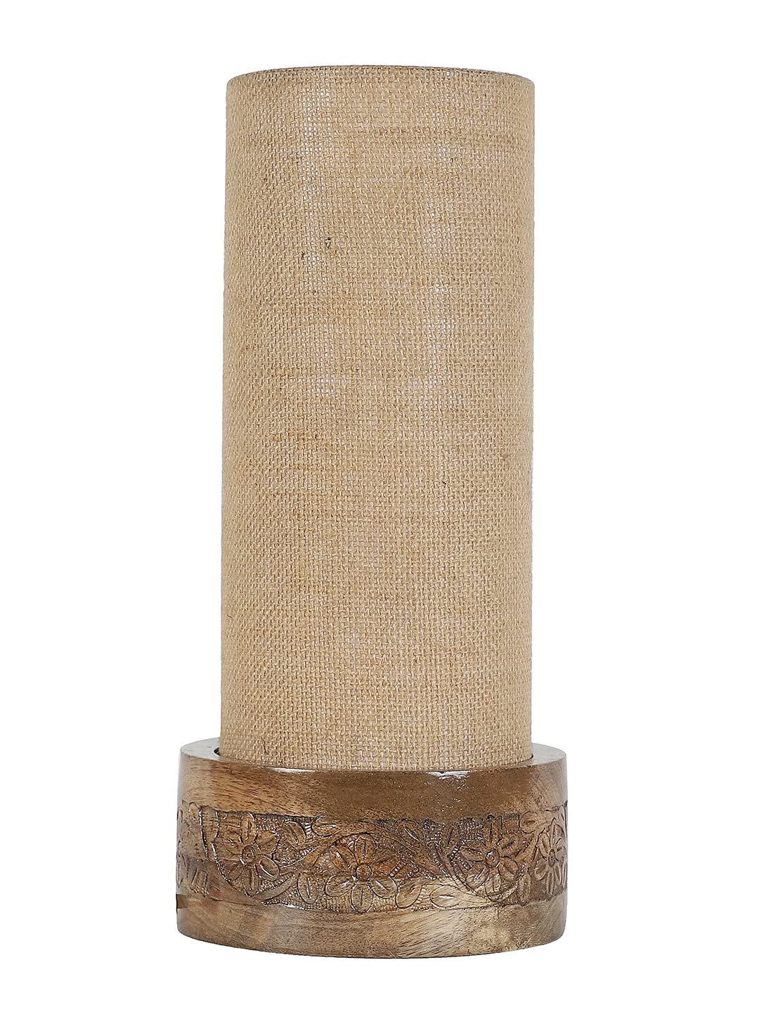 Beige Jute Table lamp with Carving Wood Natural Base (Round)