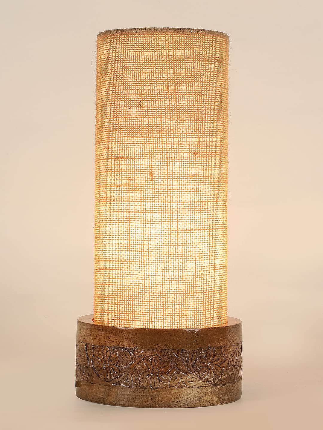 Beige Jute Table lamp with Carving Wood Natural Base (Round)