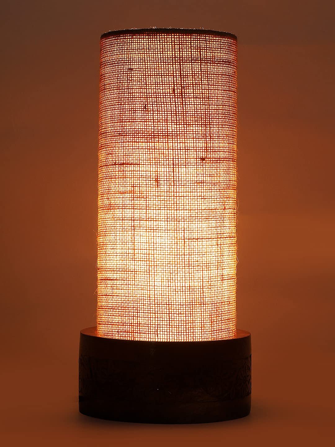 Beige Jute Table lamp with Carving Wood Natural Base (Round)